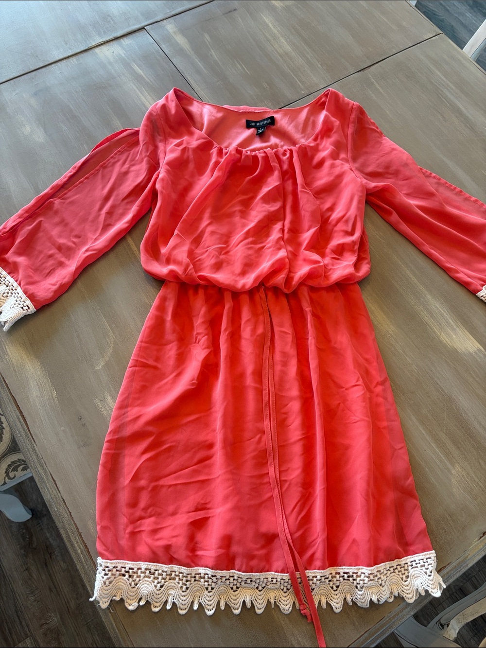 Jodi Kristopher Coral Long Sleeve Dress with Lace Trim